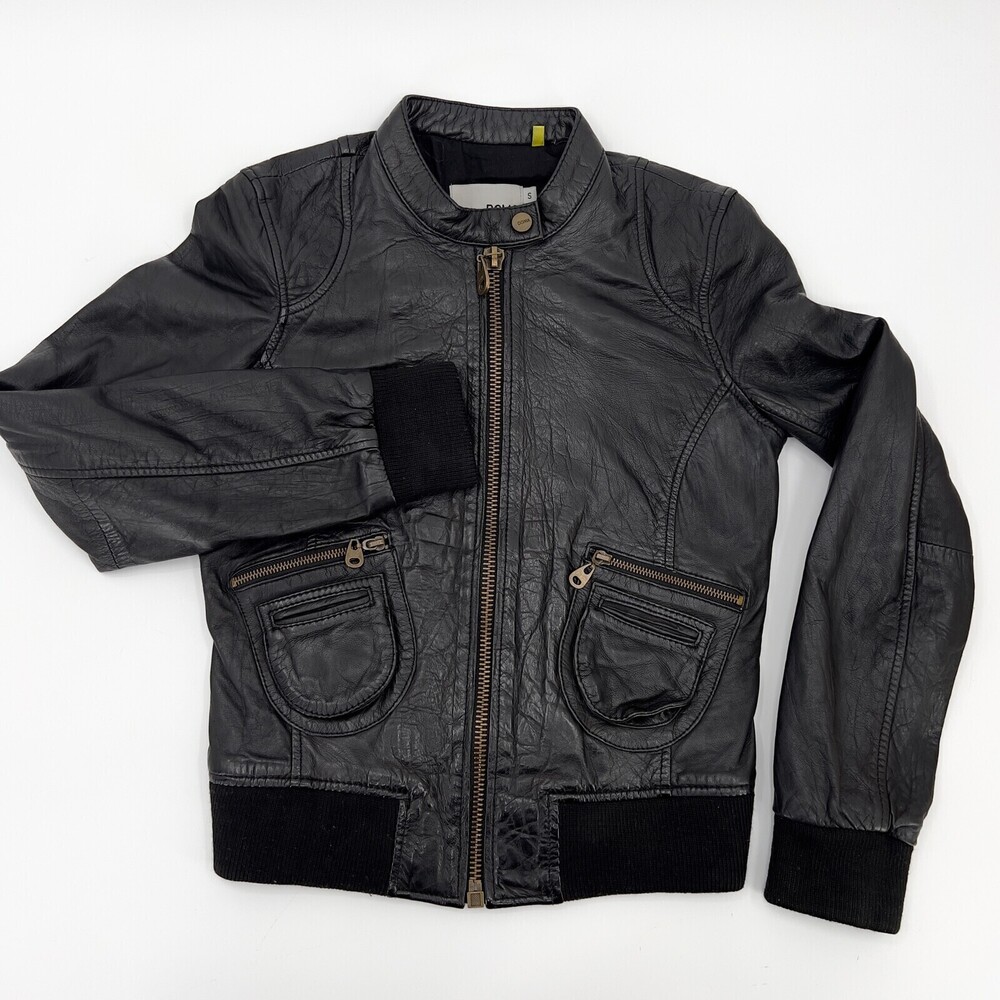 Domo Jacket Womens Small Black Charcoal 100% Leather Full Zip Bomber jacket